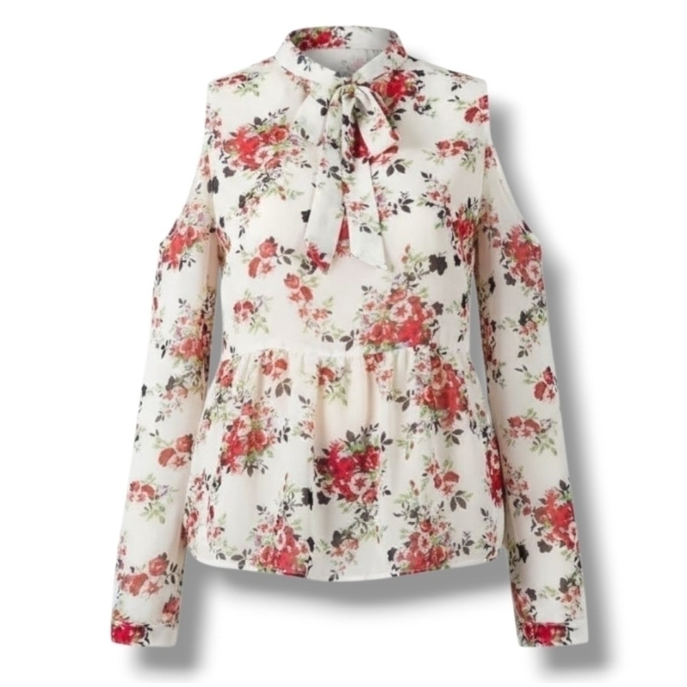 Ban Jara Women’s Floral Cold Shoulder Peplum Blouse – XS, Polyester, Gently Used